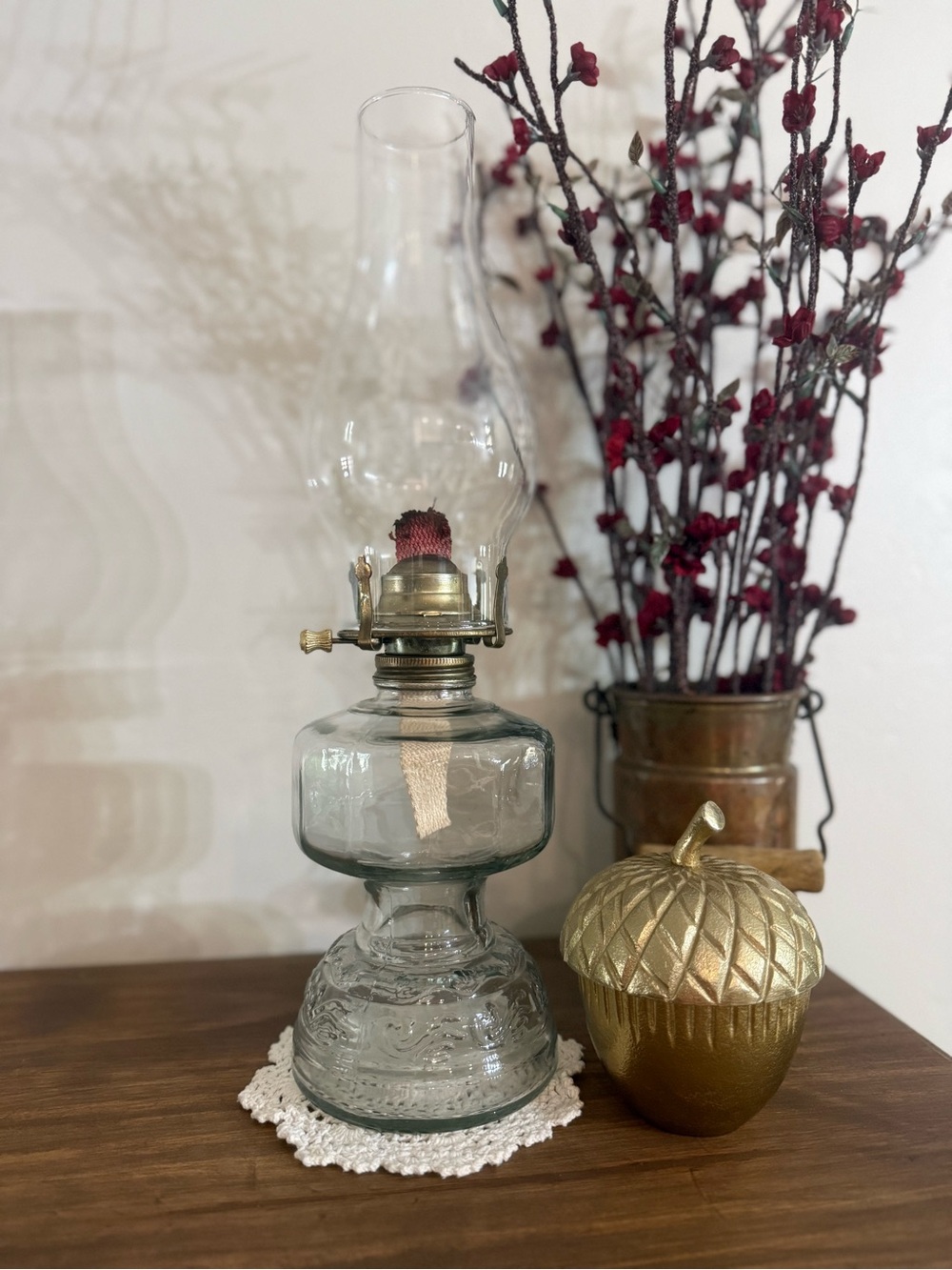 Clear Glass Vintage  Oil Lantern with Brass Burner
